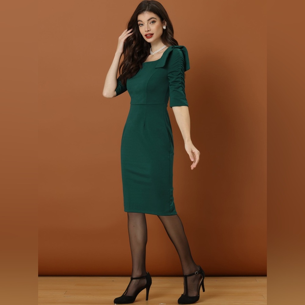 NEW! ALLEGRA K Square Neck 3/4 Sleeve Bodycon Bow Shoulder Midi Dress